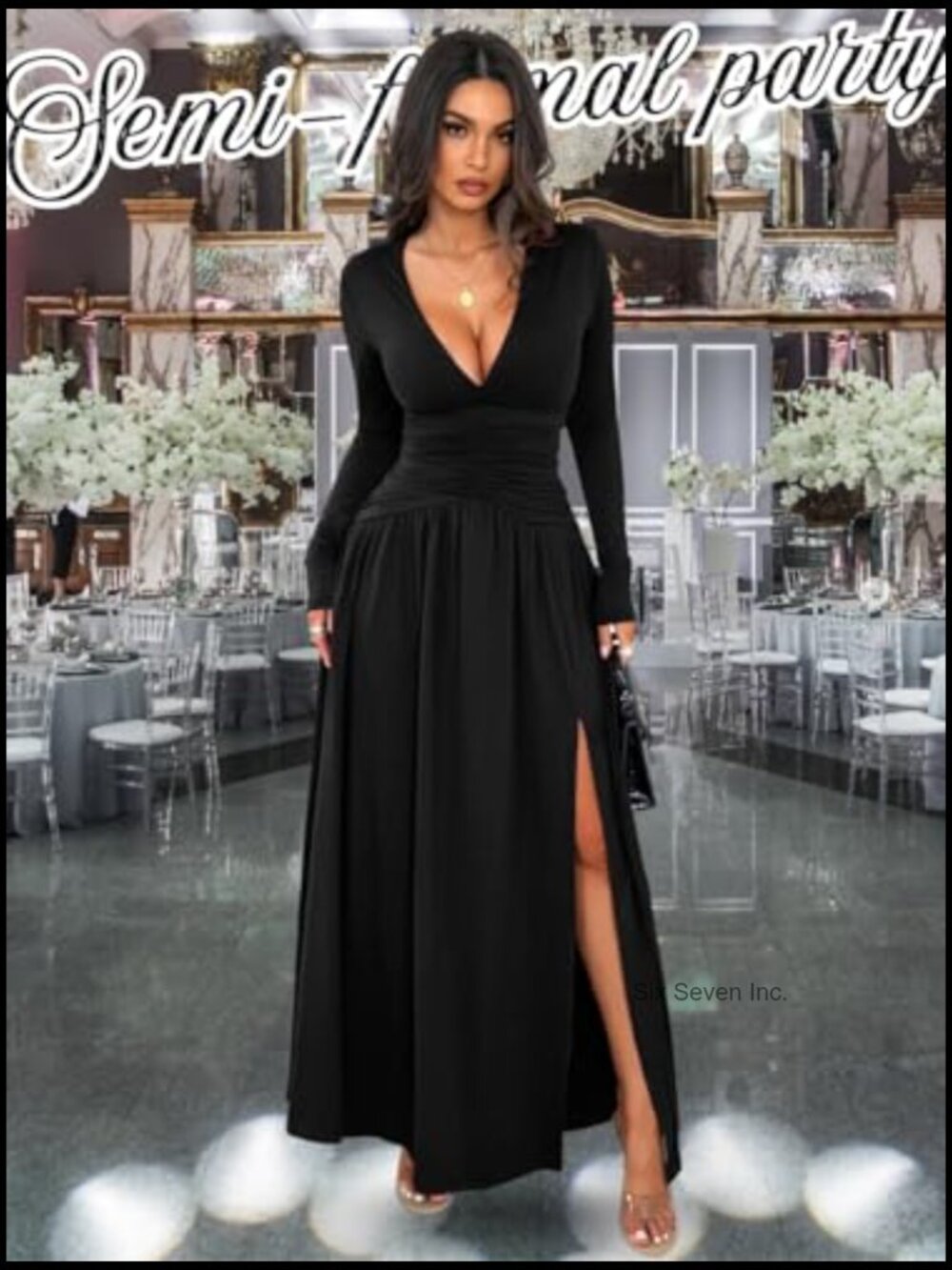 Long Sleeve Formal Dress, Deep V Neck High Slit Ruched Maxi Dress for Women - Picture 3 of 7